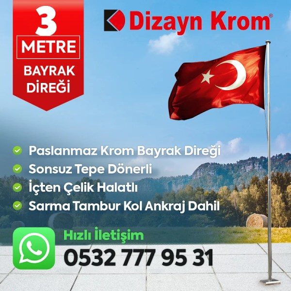 3 Metre Paslanmaz Krom Profesyonel Bayrak Direği