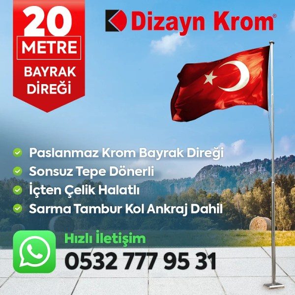 20 Metre Paslanmaz Krom Profesyonel Bayrak Direği