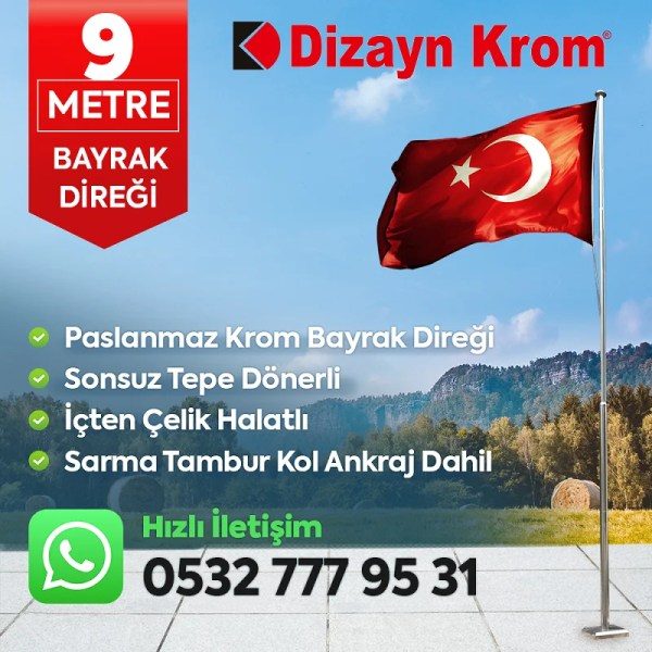 9 Metre Paslanmaz Krom Profesyonel Bayrak Direği